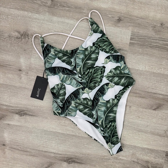 AURIC Tropical Radness Banana Leaf Chardonnay One piece Swimsuit Small - Picture 1 of 12